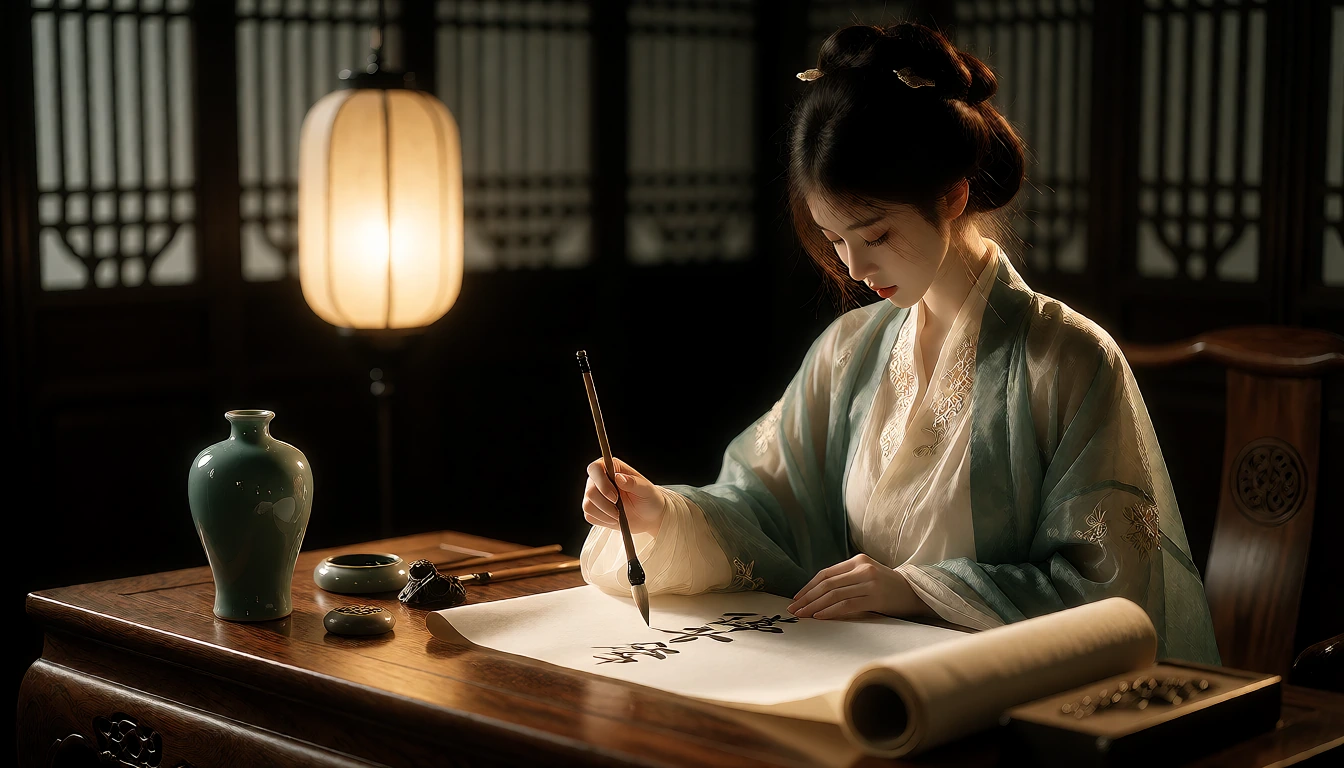 穿着汉服的美女,坐在昏黄吊灯下的老红木书案上练习书法,案上青瓷梅瓶与笔搁镇纸陈设齐整,身后是带书架和卷轴架的书房内部,整体沉入青铜色调的暖光中。