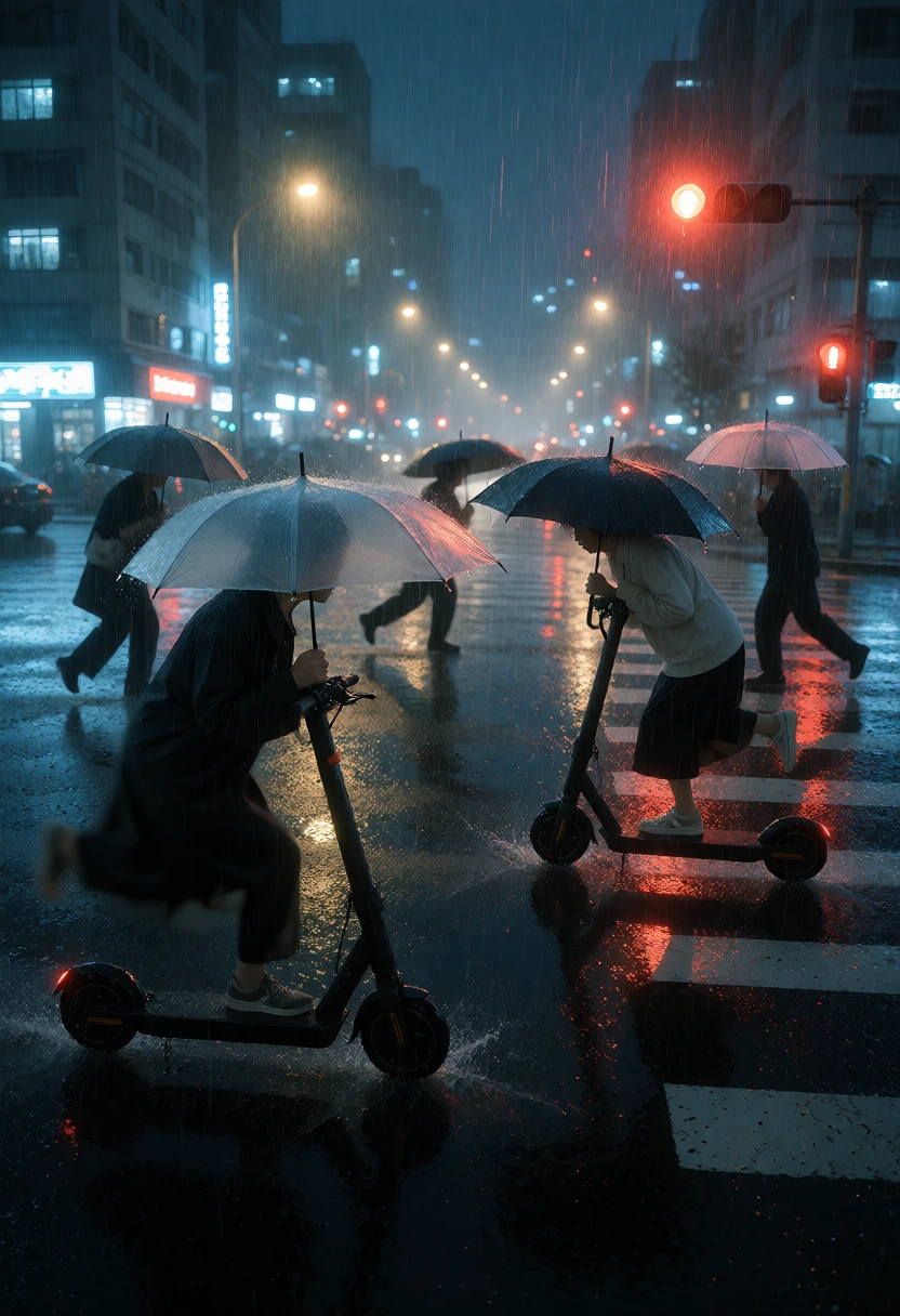 暴雨黄昏的市中心十字路口突发停电,失控的电动车、行人和翻飞的雨伞朝各个方向乱撞,故障的红绿灯与车灯在积水里闪烁成相互冲突的色斑。