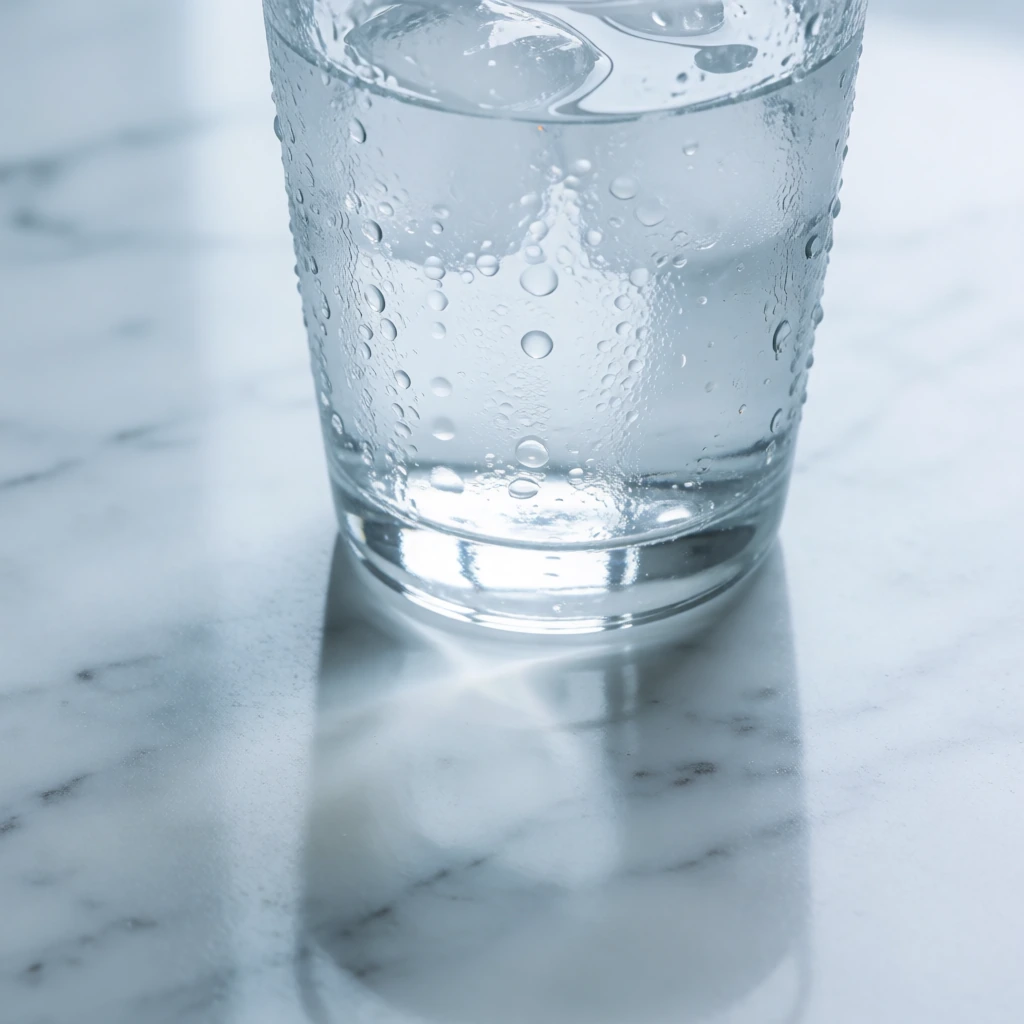 微距特写:一只盛冰水的透明玻璃杯立于抛光白色大理石台面上,杯壁凝满细密下滑的冷凝水珠,阴天冷光穿过玻璃在石面上投出一片被压扁的浅蓝灰影。