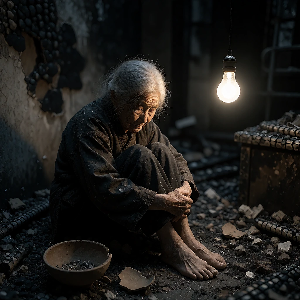一位中国老妇瘫坐在焚毁老宅的焦黑残墙与坍塌家具之间,双肩塌陷、一只摔碎的陶碗散落在膝边灰烬里,头顶仅存的一盏裸灯泡发出刺眼白光,房间其余部分没入浓重阴影。