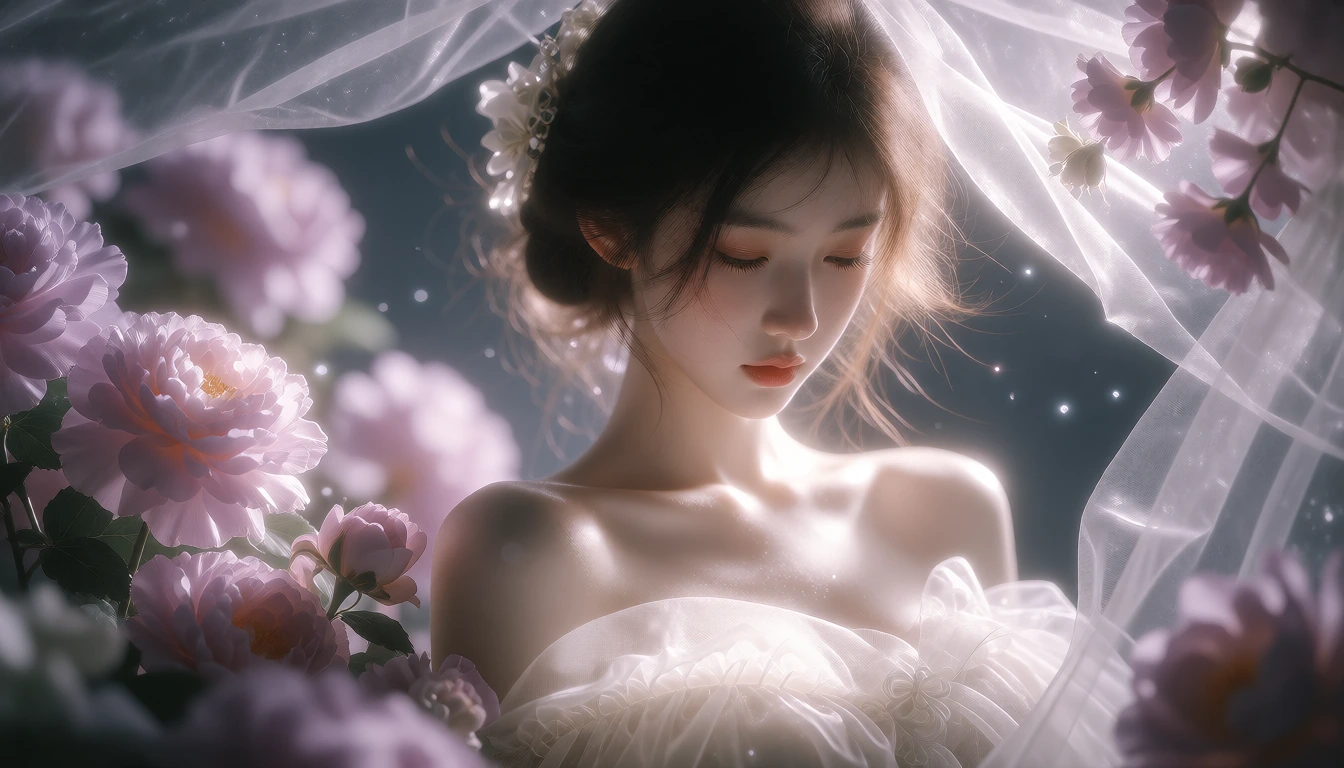 花丛中的白纱少女