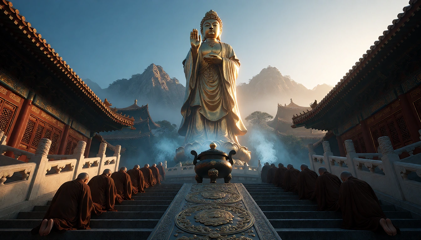 清晨的山间寺院前庭,一尊巨大的鎏金菩萨立像正面矗立于朱红院墙与长石阶中轴的尽头,头部后方鎏金背光在晨光中熠熠发亮,两队身着褐色僧袍的朝圣者沿对称石阶跪拜行礼,像脚旁巨型香炉的青烟袅袅升腾。