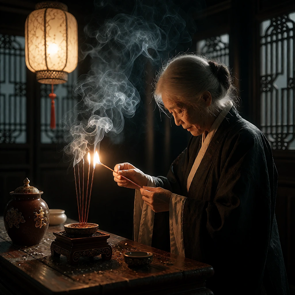 江南老宅家祠的深夜,祖母牵着小孙女在供桌前点燃三炷线香插进黑漆描金的神龛,头顶一盏纸灯笼的微光笼罩祖先牌位与供品,香烟在祖孙之间袅袅缭绕,木雕花格窗的图案化影子投在斑驳的粉墙上。