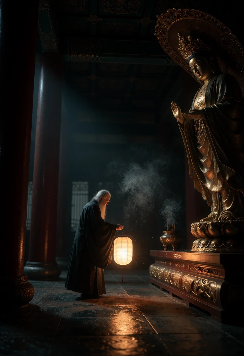 深夜古刹大殿里,老守殿人提着一盏纸灯笼缓步穿过成排黑漆木柱,青铜香炉的香烟在大殿中缭绕,微光渐渐照亮褪色绸布半掩的鎏金神像,木雕花格窗在黑漆描金的神龛上投下图案化阴影,尘埃微粒在光束中缓缓漂浮。