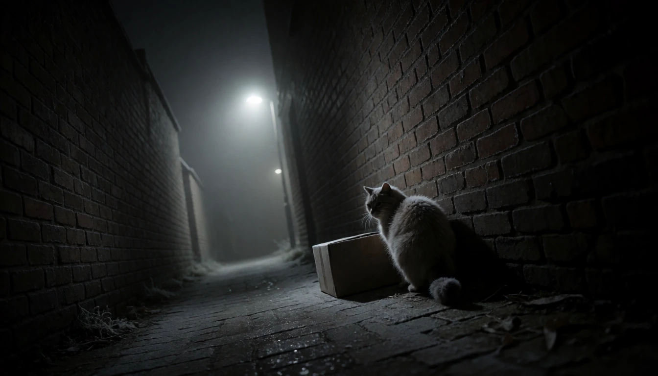 结霜的深夜窄巷,一只炸毛弓背的流浪猫贴着湿漉漉的砖墙退缩向纸箱,巷口唯一一盏路灯在浓雾中散成一圈惨白光晕,广角畸变令两侧墙面倾斜地夹向它,猫的脸整个隐在阴影里。