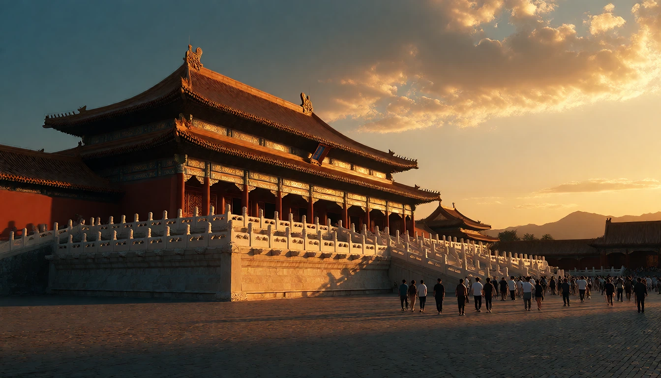 黄昏时分,开阔广场上一片中国古代宫殿建筑群以成排巨型立柱与巍峨高台层层展开,成群游人漫步于柱基台阶之下,金色天空铺满画面上方。