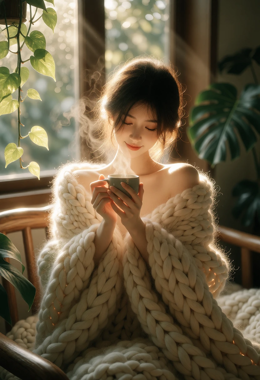 午后金色斜阳照进原木窗边,一位中国年轻女性裹着奶白色粗针织毯坐在木质长椅上,双手捧着温热的陶瓷茶杯,脸颊放松地露出温柔微笑,身侧绿萝与龟背竹舒展,细小尘埃在光线中轻柔漂浮。