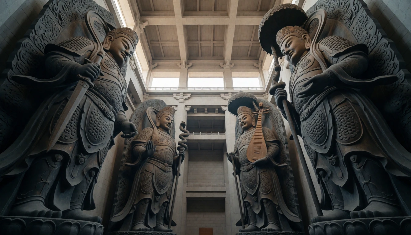 庄严的佛教四大护法天神天王神像,低角度广角全景仰拍,色调深沉柔和。