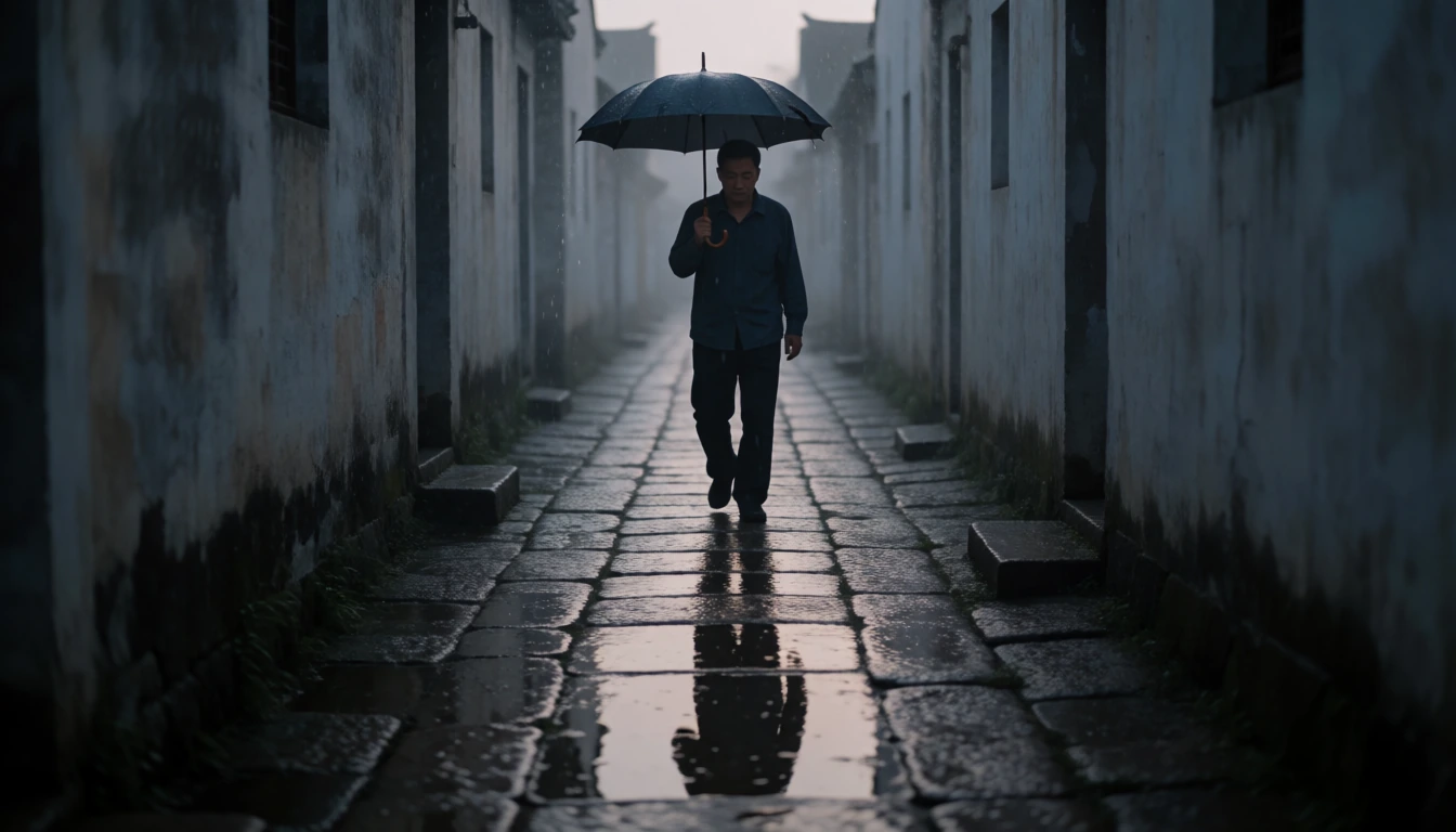 黄昏细雨中的江南石板巷,一位撑深色布伞的中年中国男子低头缓步独行,湿润的石板路面映出他与灰白天光的模糊倒影,雨丝在昏暗天光里若隐若现。