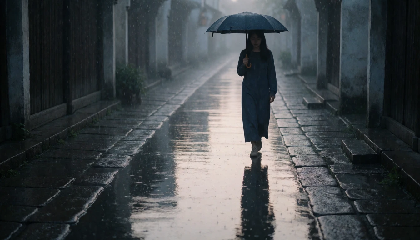 黄昏细雨中的江南石板巷,一位撑深色布伞的年轻中国女子低头缓步独行,湿润的石板路面映出他与灰白天光的模糊倒影,雨丝在昏暗天光里若隐若现。
