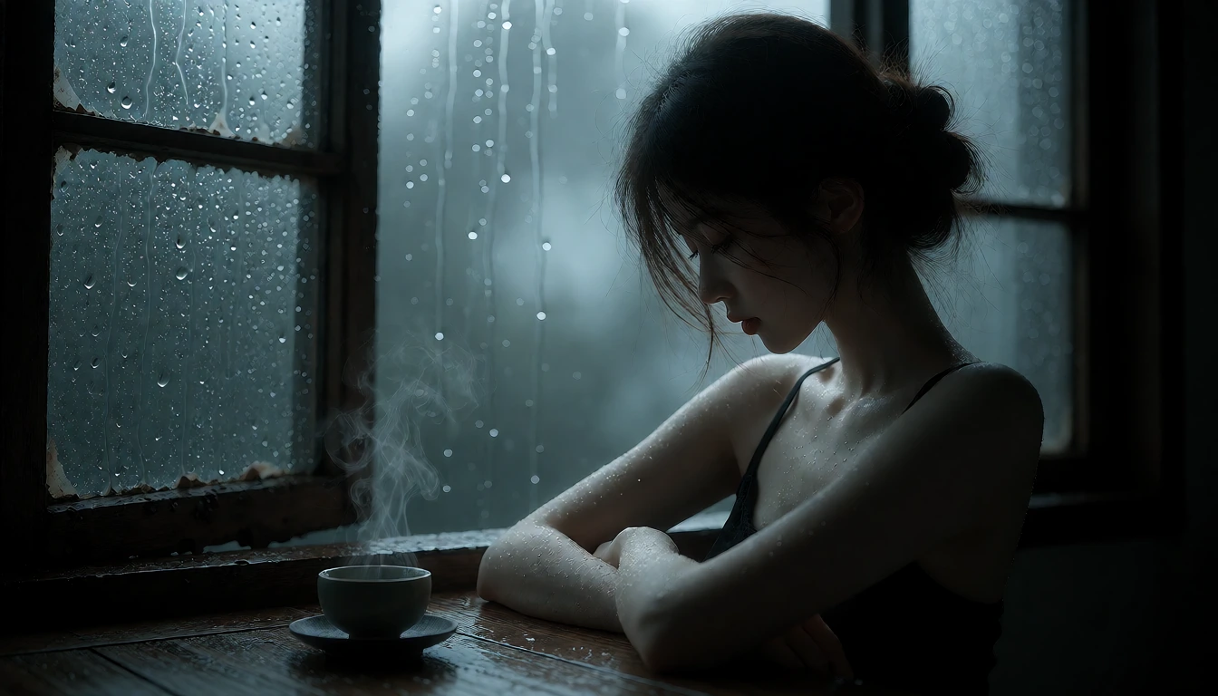 阴雨的午后,一名年轻中国女子坐在老公寓的窗边,眼帘低垂、微微垂首,静静望着桌上渐凉的一杯茶,身后的玻璃窗布满蜿蜒的雨痕,透进昏暗的蓝灰色天光。