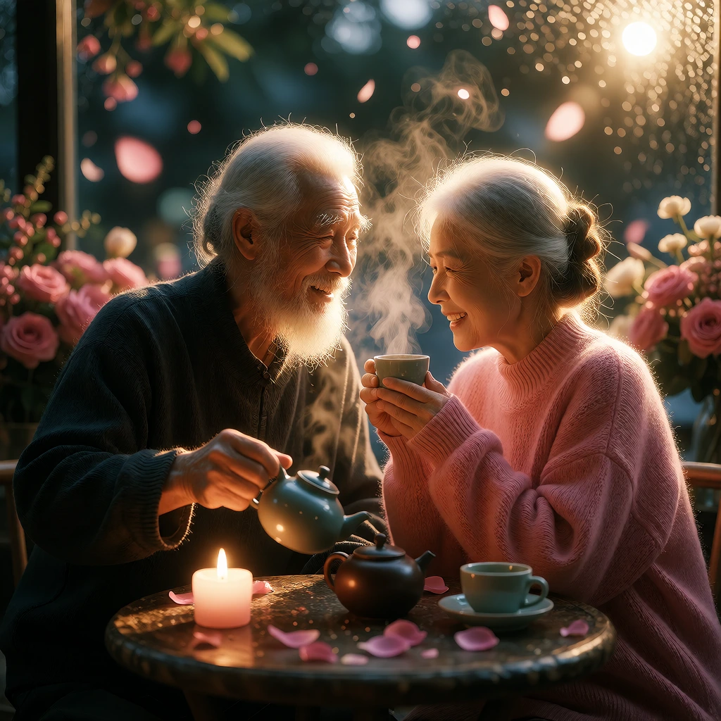 黄昏的城市花店里,头发花白的中国老夫妇并肩坐在点着蜡烛的小圆桌旁共饮一壶热茶,橱窗暖色灯光逆光勾勒两人相视而笑的轮廓,粉色花瓣从花束间飘落,街灯在背景中融成焦外光斑。