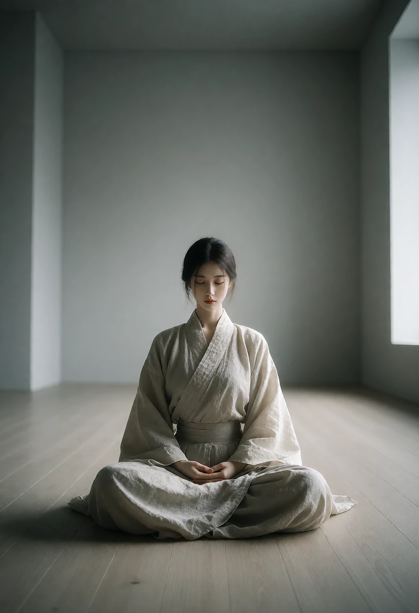空旷的极简禅修厅内,一位穿灰色棉麻服饰的中国女性在原木地板正中盘坐闭目,阴天柔光从高窗均匀漫入,四周是大量空无一物的地面与墙面