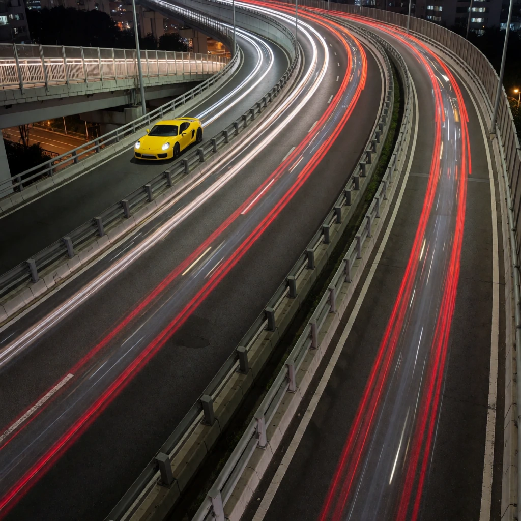 入夜的城市高架公路,从人行天桥俯瞰一辆亮黄色跑车沿弧形匝道疾驰,车尾后方拖出细长的动感模糊条纹,周围红白车灯的流光轨迹沿同一弧线并行延伸,路面与护栏的透视沿强对角线冲向画面深处